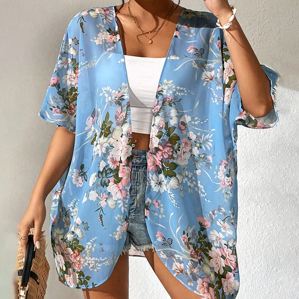 2024 Beach Wear covered luxury women\'s social shirt fashion top 3D printed batwing sleeve chiffon kimono swimsuit for women