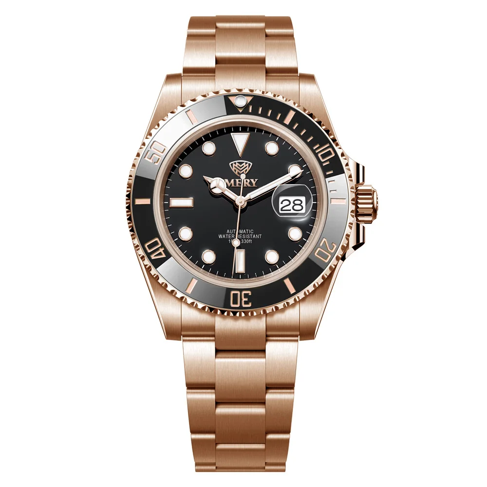 

MERY Топ Роскошные автоматические механические часы из розового золота Мужские сапфировые водонепроницаемые светящиеся дайверские повседневные спортивные золотые часы