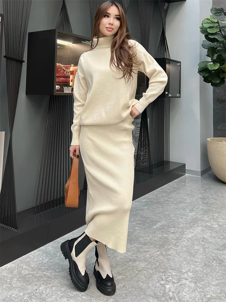 

Tossy Solid Winter Turtleneck Two Piece Women Loose Knitwear Sweater And Fashion Long Skirt Sets Elegant Ribbed Female Outfits