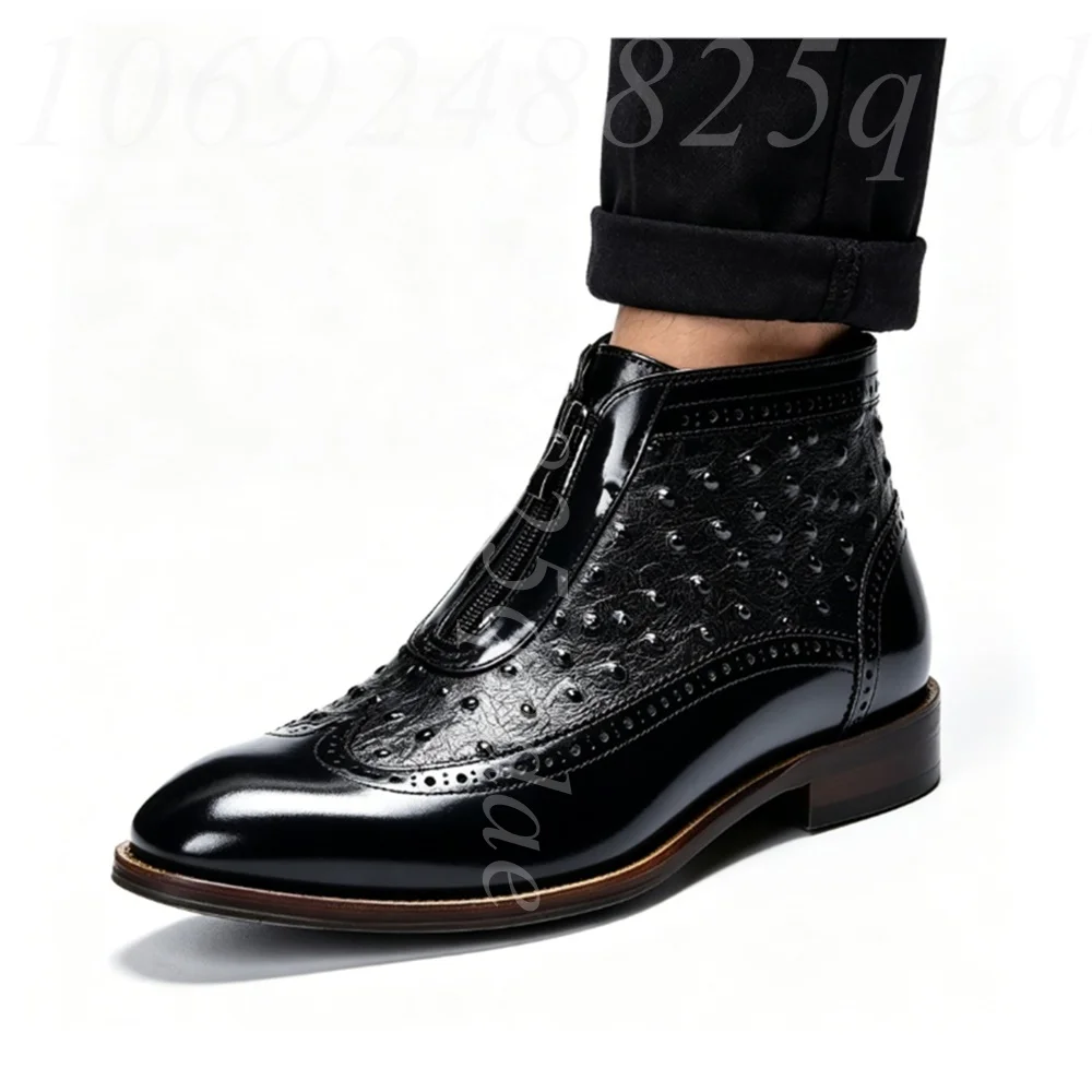 

Men's Polished Leather Brogue Ankle Boots, Front Zipper, Wingtip Detail, Pointed Toe, Formal Business Dress Boots for Gentlemen