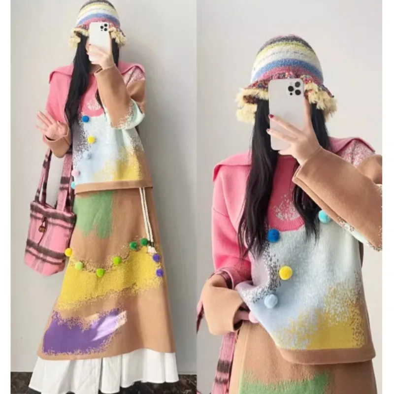 

Winter Rainbow Love Design Sense Gradient Fake Two Knitted Tops To Reduce Age Blend Sweater Look Younger High Level Appearance