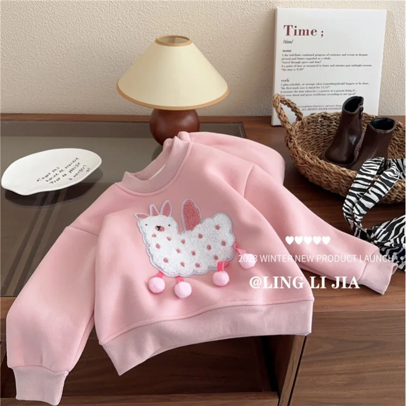 Girls' Autumn and Winter Fleece-Lined New Baby Girls' Thickened Cute Alpaca Pink Sweater Casual Pants Two-Piece Suit