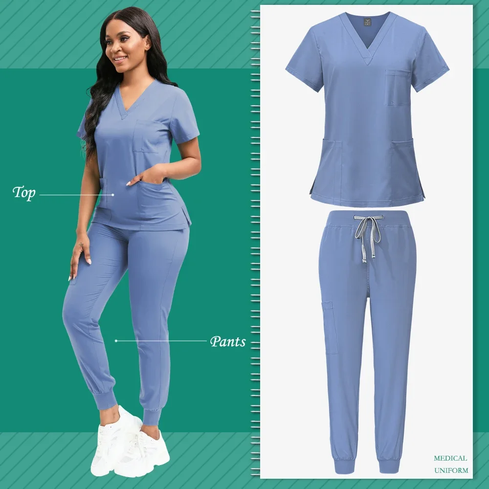 Slim Fit Scrubs Conjuntos para Mulheres, Uniformes Médicos Hospitalares, Enfermeiros Acessórios, Clínica Dentária, Salão de Beleza, Spa Workwear, Tops e Calça