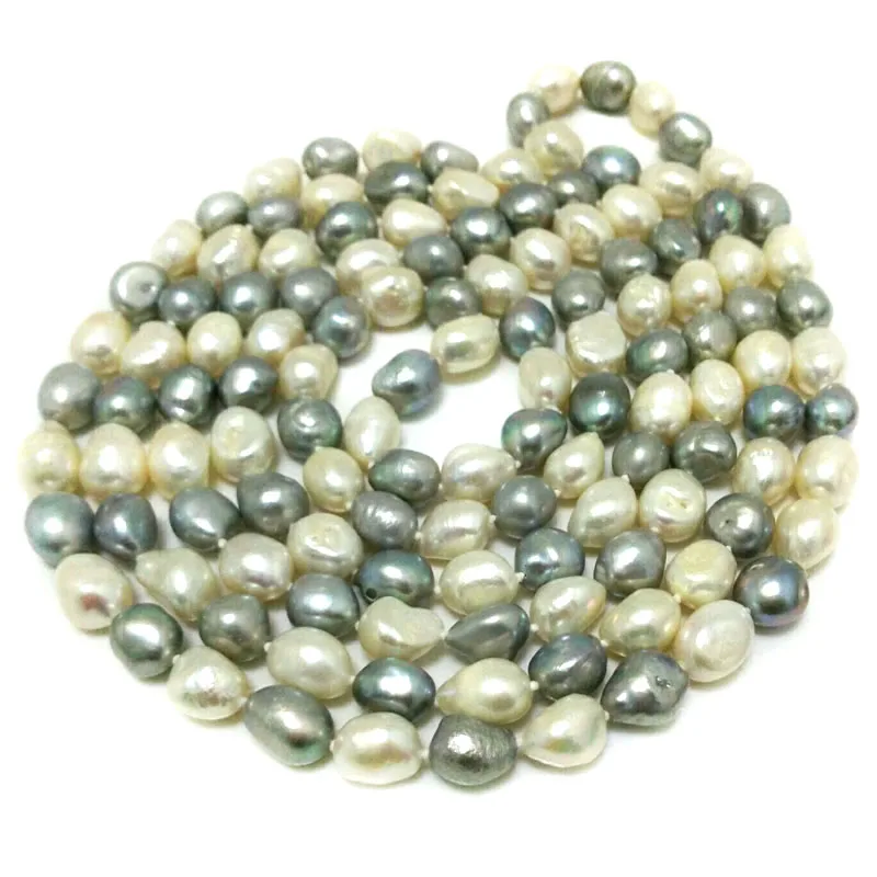 64 inches 11-12mm White and Silver Gray Baroque Pearl Necklace