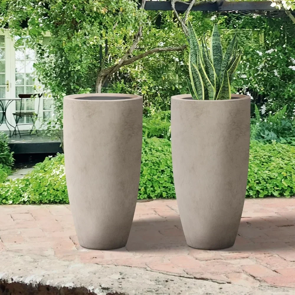 

23.6" H Weathered Concrete Tall Planters (Set of 2), Large Outdoor Indoor Decorative Plant Pots