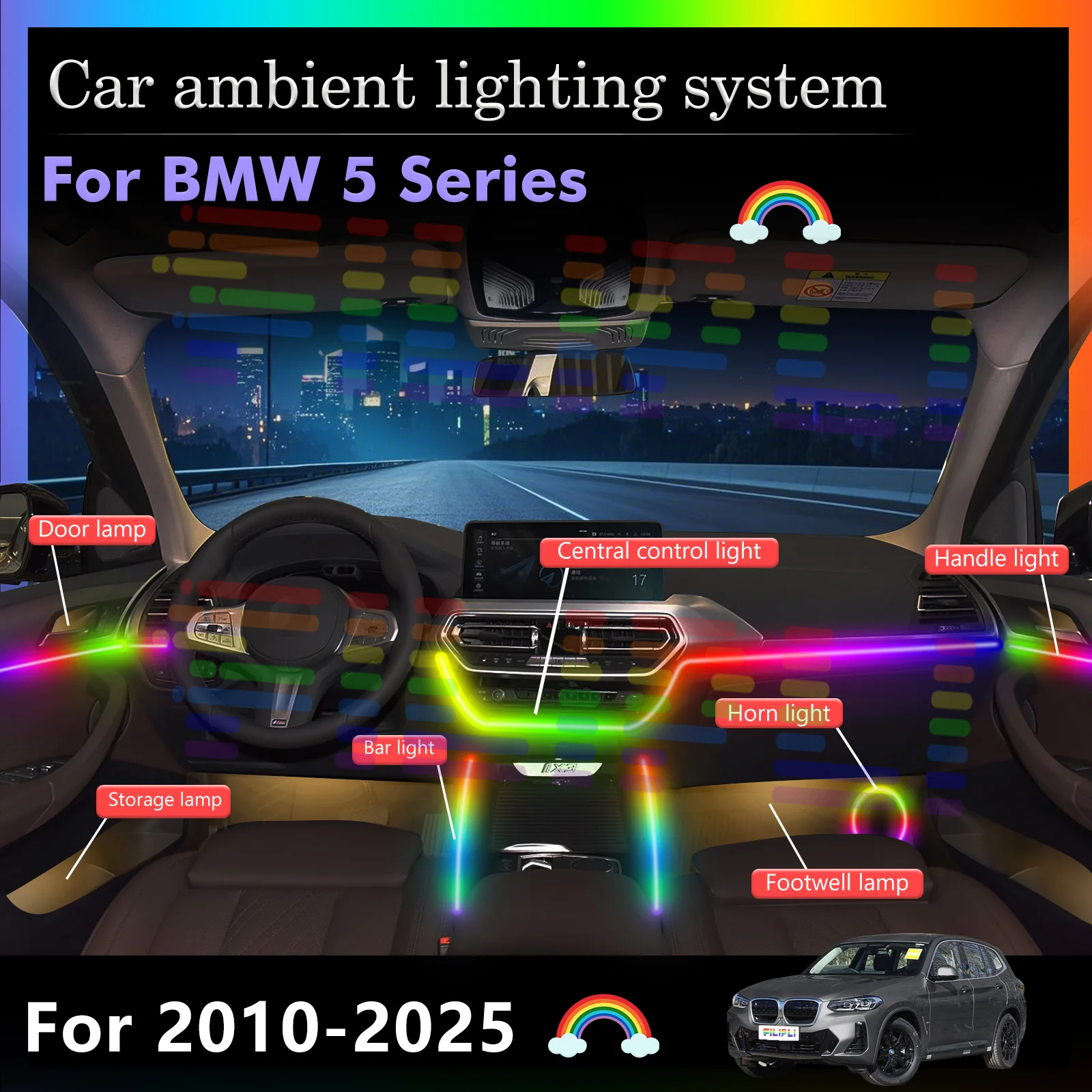 10 In1 For BMW F10 F11 F07 F18 G30 G38 G31 G60 G68 G61 Car Interior Ambient Lamps 64 Colorful Atmosphere Lights Auto LED Neon