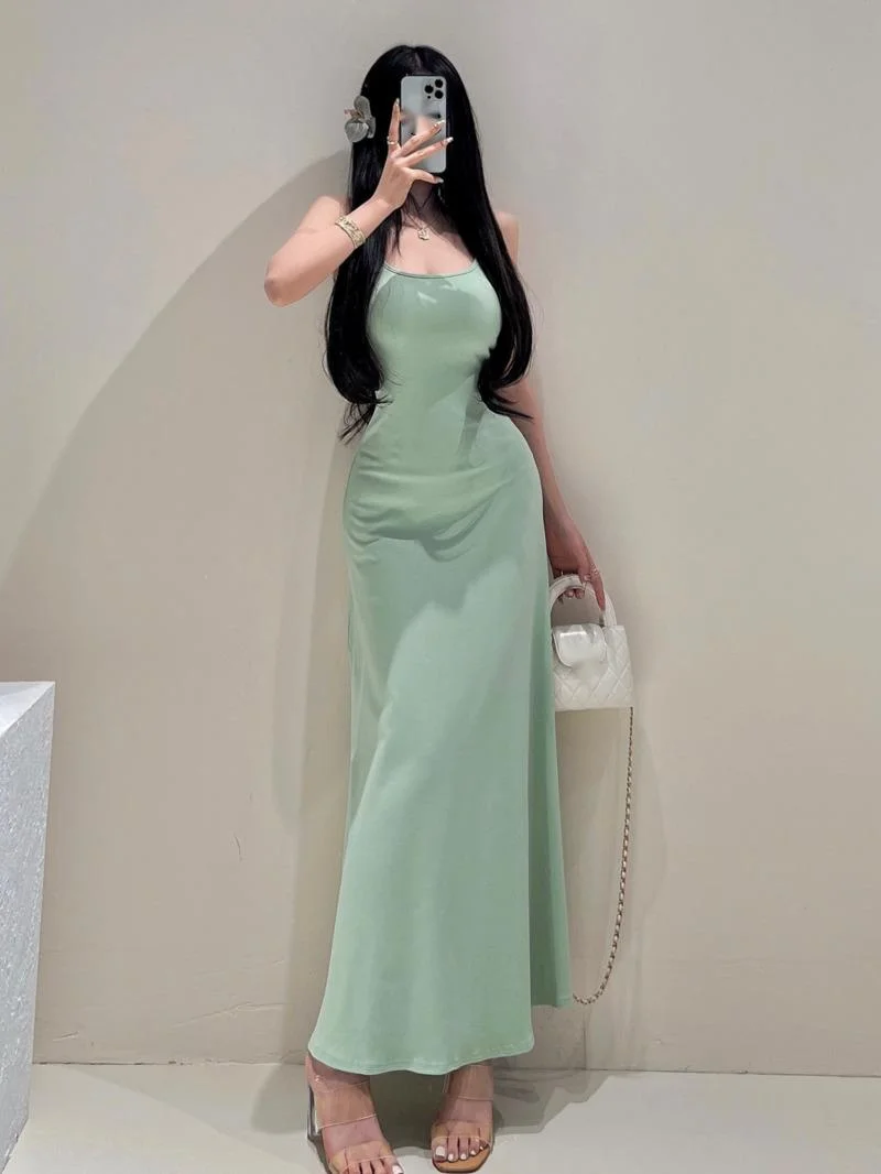 Abito a canotta verde menta elegante per abiti lunghi stile vacanza sexy estivo da donna Dolce moda donna Novità