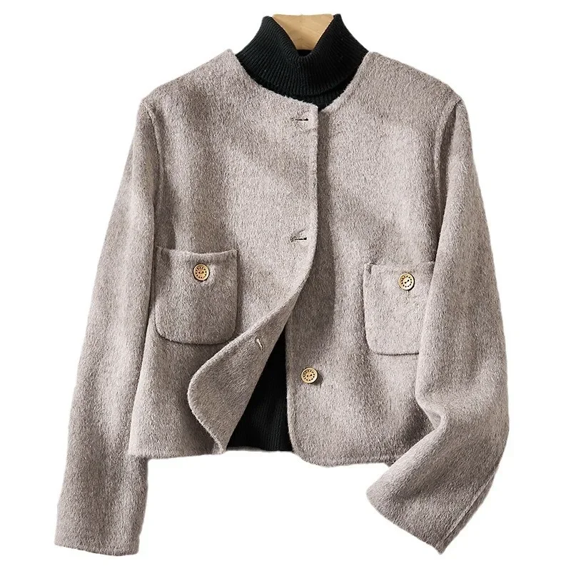 

Temperament wool, Xiaoxiangfeng jacket for women's new round neck double-sided short jacket for women