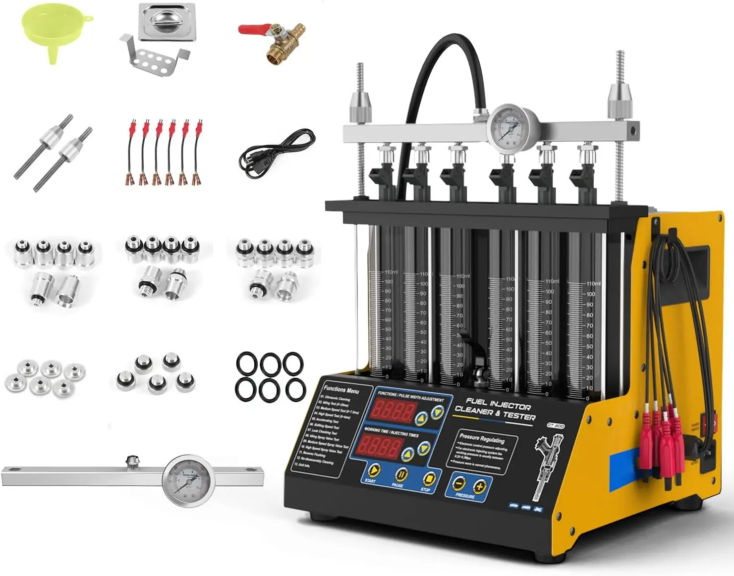 

CT200 Fuel Injector Cleaner Tester 6 Cylinders Upgraded Ultrasonic Cleaning Kit with 12 in 1 Diagnostic Functions