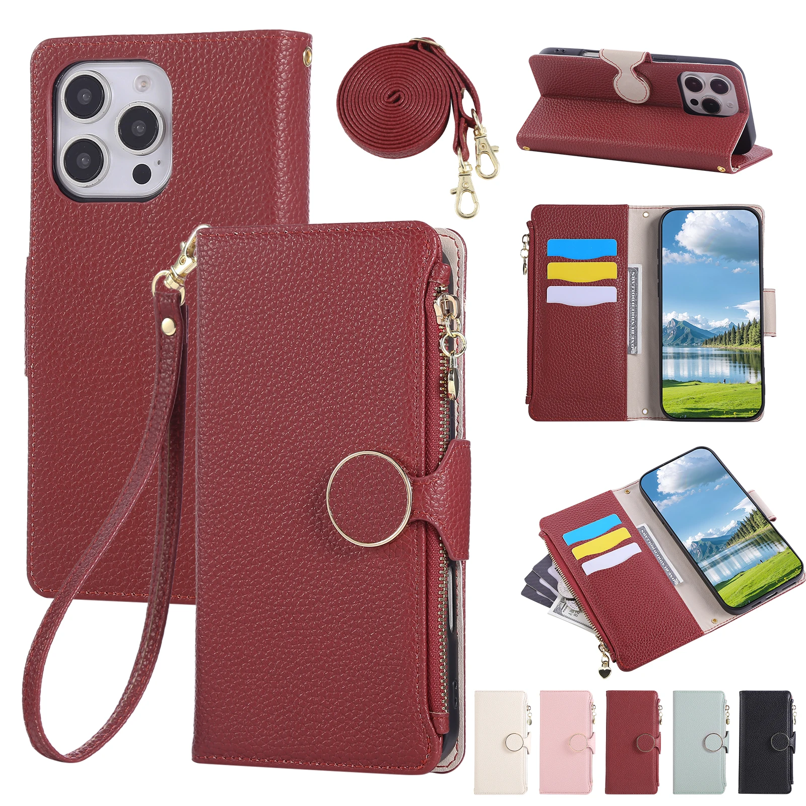 

Crossbody Wrist Strap PU Leather Phone Case for IPhone 16E 16 15 14 11 Pro Max 13 12 MIni 7 8 Plus Wallet with Card Slots Cover