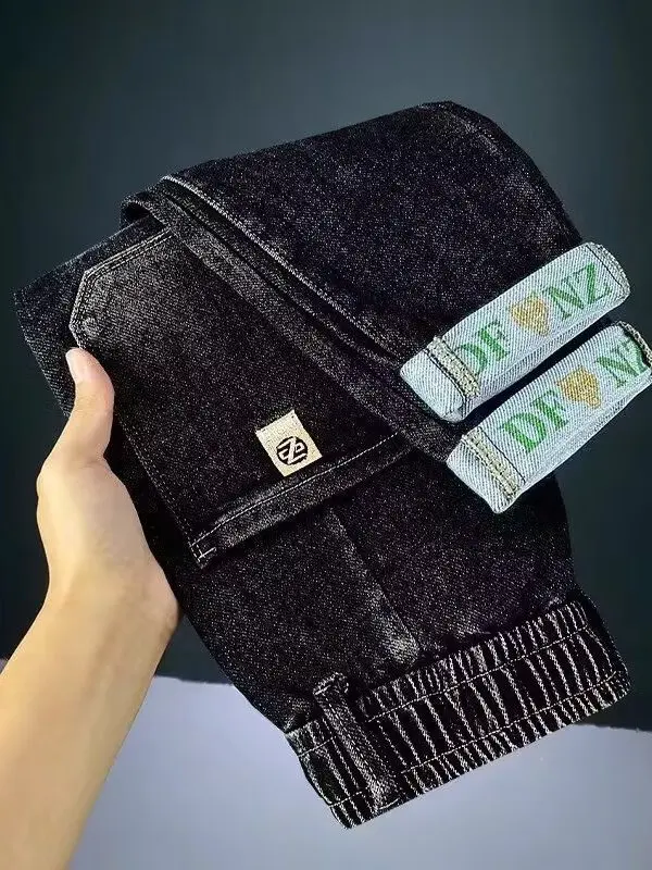 

Trendy Men's Harem Jeans Elastic Waist Dstring Casual Long Pants Autumn Winter High End Faionable Loose Fit Straight Leg