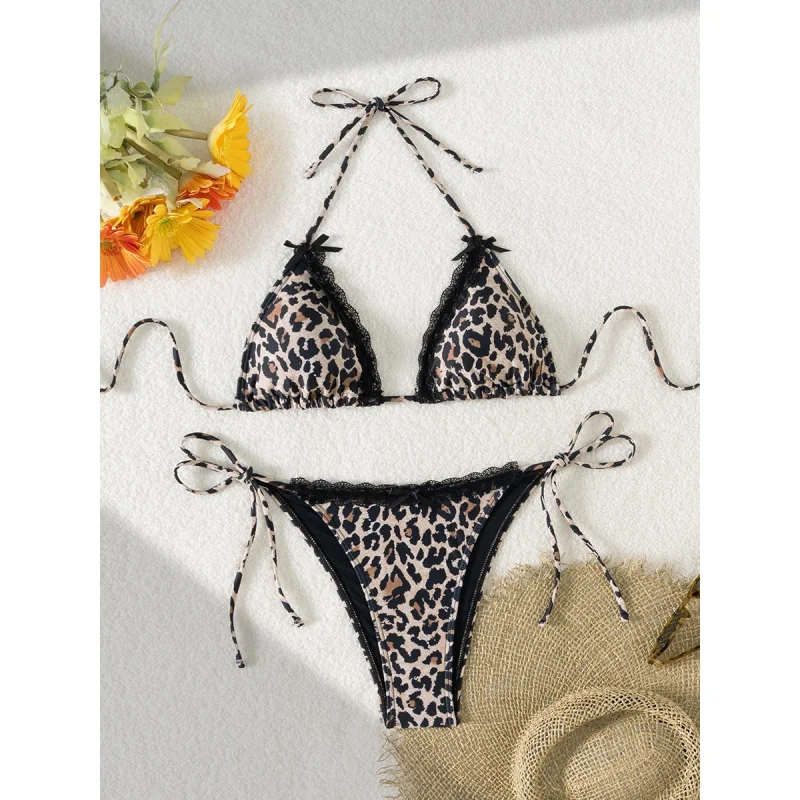 New Sexy Leopard Print Bow Lace Patchwork SwimsuitbikiniWomen's Two-Piece Swimsuit Wholesale