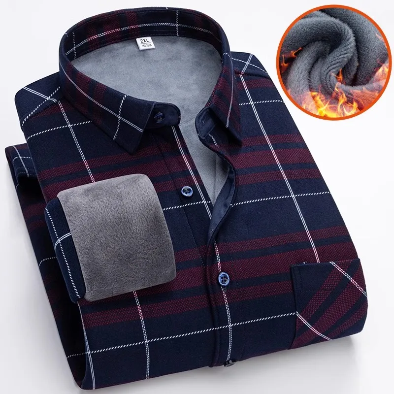 Winter New Plaid Long-sleeved Shirt Men\'s Single-breasted Square Collar Padded Shirts Fashion Slim Camisa Male Chemise L-5XL