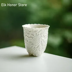 80ml Plant Gray Carved Flower Teacup Ancient Sample Tea Cup Tripodia Master Cups Fragrance Cup Household Tea Services Collection