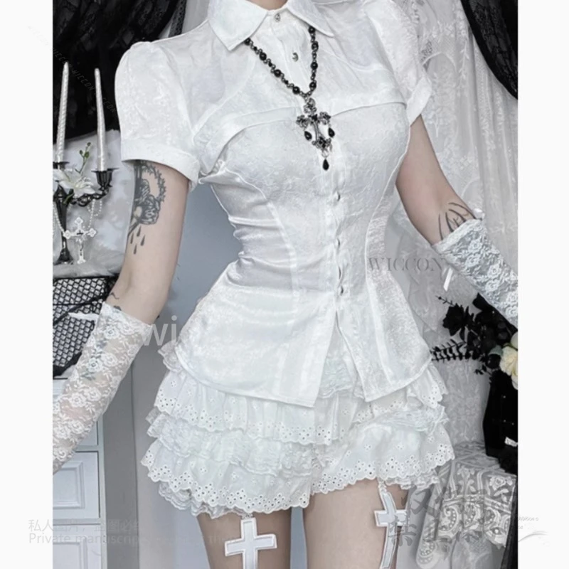 Y2K Jirai Kei Stil Süßes Kurzarmshirt Top Weiße Spitzenbluse Puffy Rock Mädchen Set Top Kleid Damen Outfits Halloween Neu