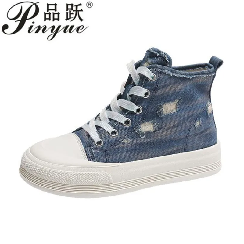 

Women Canvas Chic High Top Denim Leisure Footwear Womens All-match Flat Walkin Korean Ladies Breathable Vulcanize Shoes 35 40