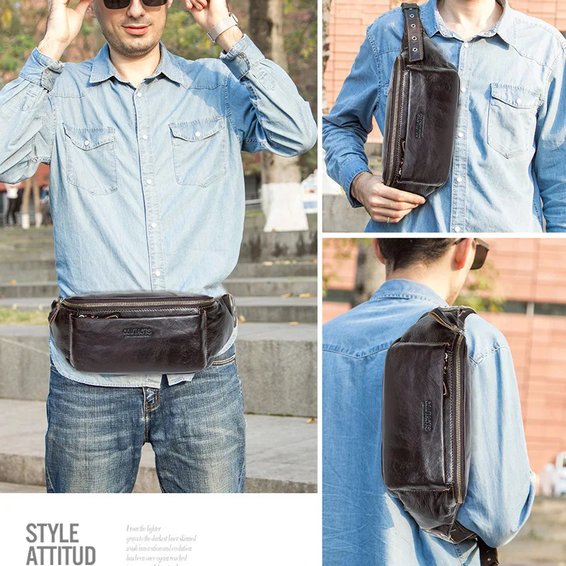 Large Capacity Men's belt bag genuine leather crossbody bag fashion male shoulder bag outdoor sports phone waist pack