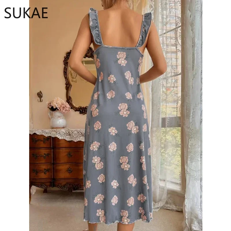 SUKAE Floral Print Ruffle Trim Slip Nightdress Fashion Women Elegant Bow Decor V Neck Midi Sleep Dress Chic Women\'s Nightgowns