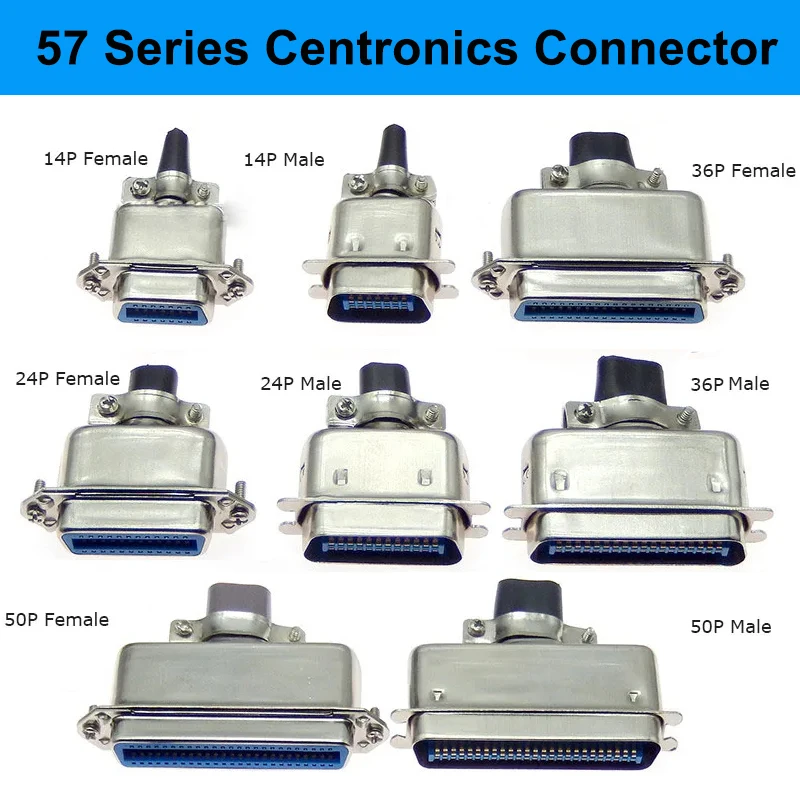 57 Series Centronics Connector Male Female CN14/24/36/50P Ribbon Computer Printer Cable Mount Adapters with Mental Cover