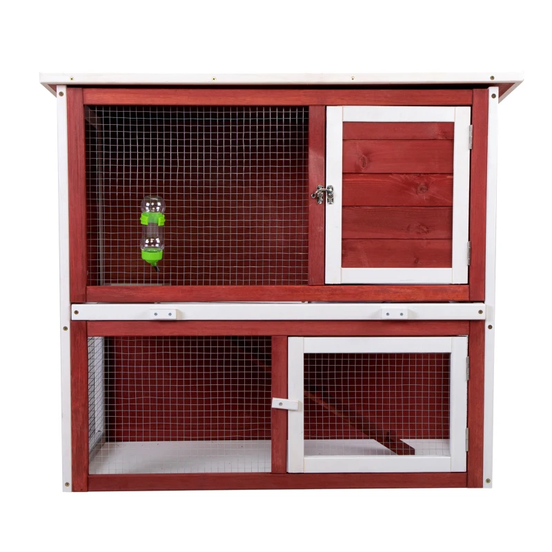 Wood Rabbit Hutch with 2 Stories, Ramp, Doors, Pull-out Tray, Water Bottle, Outdoor Enclosure for Small Animals Bunnies