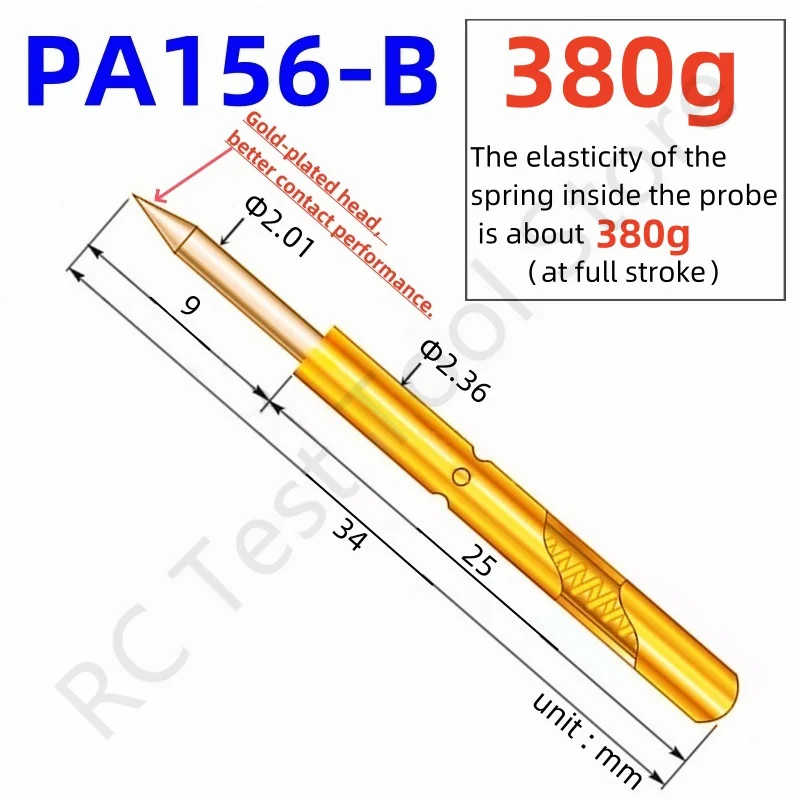 

20/100PCS PA156-B Spring Test Probe PA156-B1 Test Pin Dia2.36mm P156-B PogoPin 34mm Sharp Tip Head Dia 2.01mm P156-B1 380g force