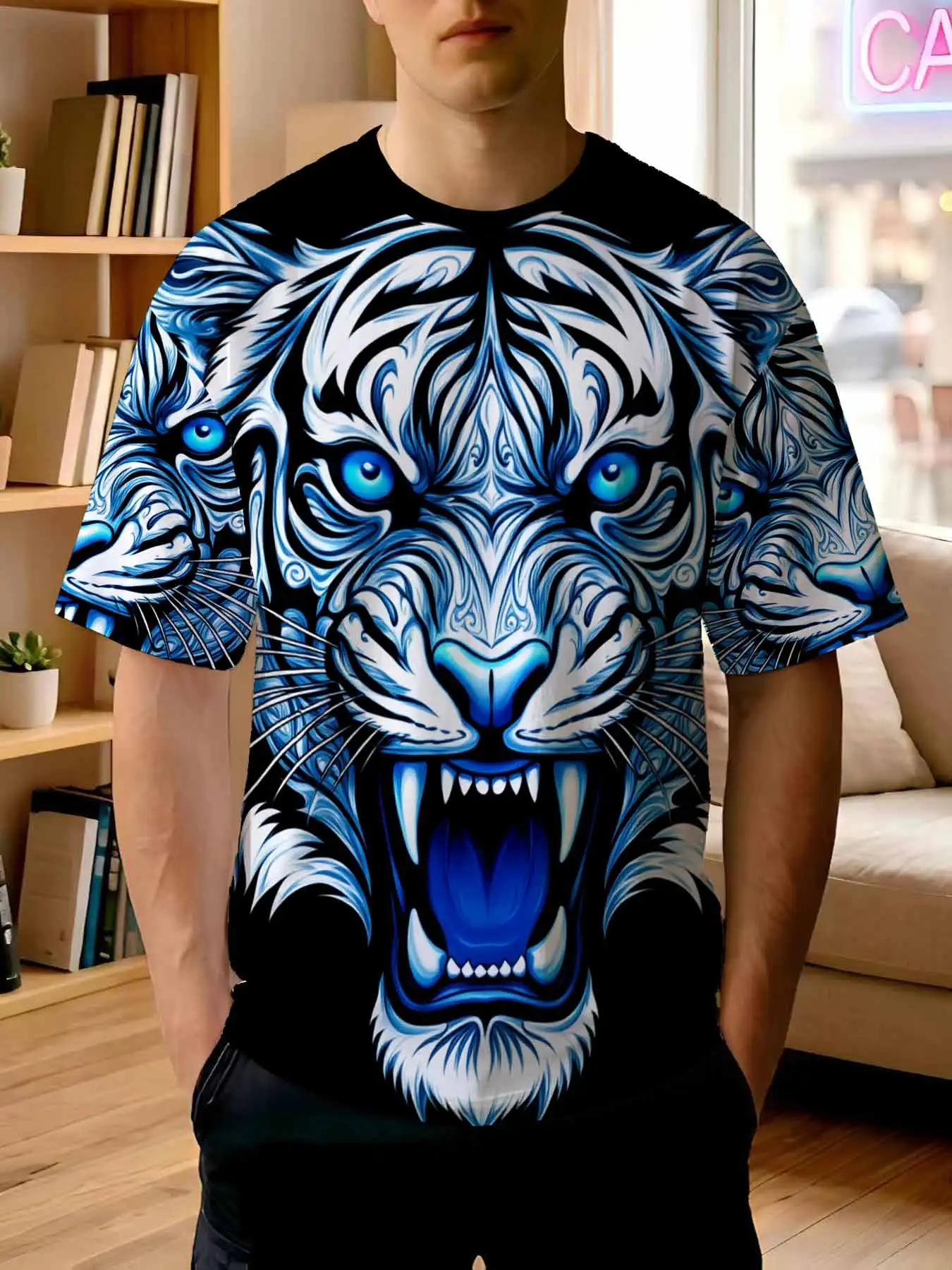 2026 new printed T-shirt printed with Men's Ice Blue Roaring Tiger Head Print T-Shirt Trendy Street Style Loose Breathable Cr