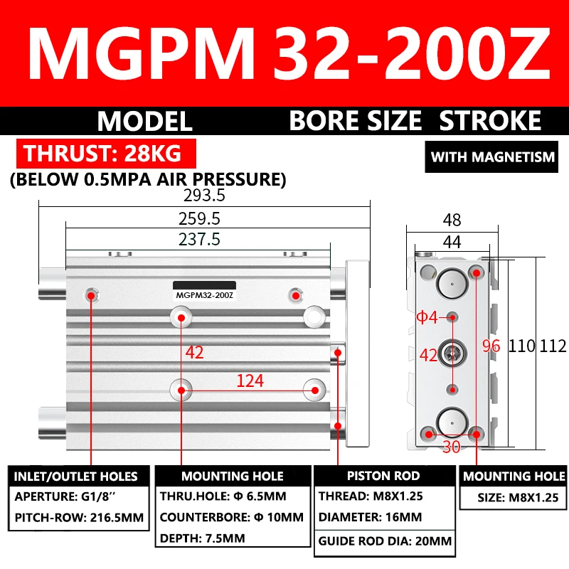 

ABILKEEN MGPM Series Pneumatic Compact Guide Cylinder MGPM32-200Z 32MM Bore X 200MM Stroke Three Axis Three Rod Air Cylinder