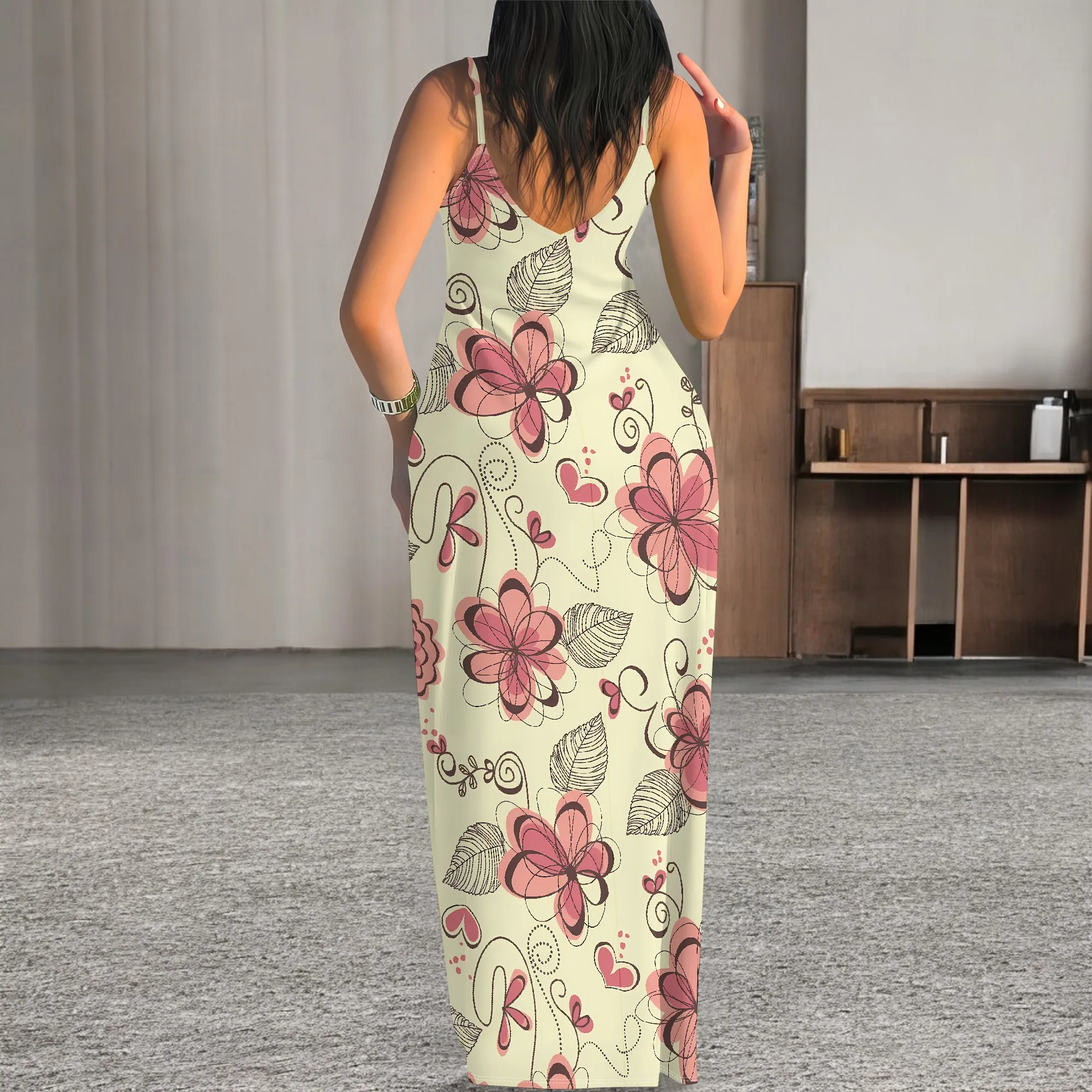 Romantisches, ärmelloses Maxikleid mit Blumen-Herz-Print, Boho-Spaghettiträger, Valentinstag-Look