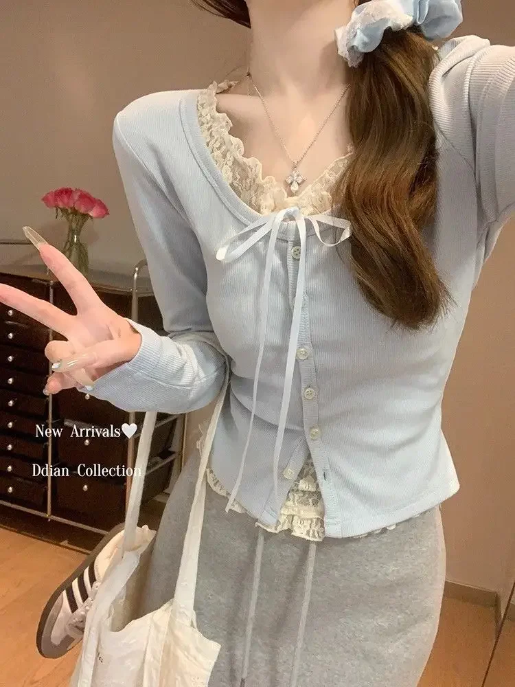 Korea Long Sleeve Lace Trim Layered Tee Women's Pastel Pink Blouse Soft Romantic Y2K Top Spring Summer Layering Piece