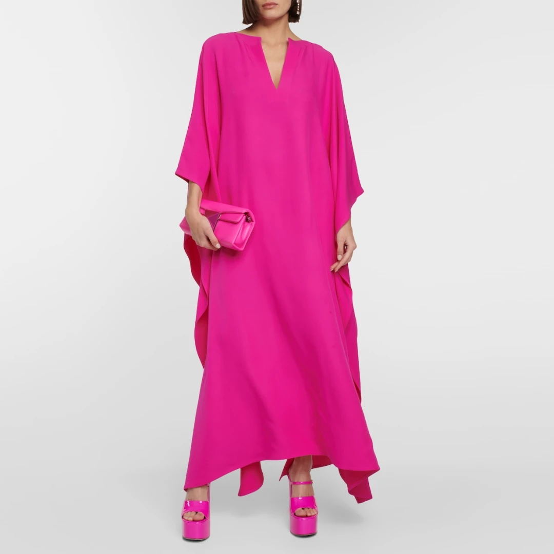 OIMG-Robe de Bal Longue en Satin Rose, Élégante, Manches sulf, Col en V, Longueur au Sol, Crêpe, Perles, Tenue de Soirée Formelle