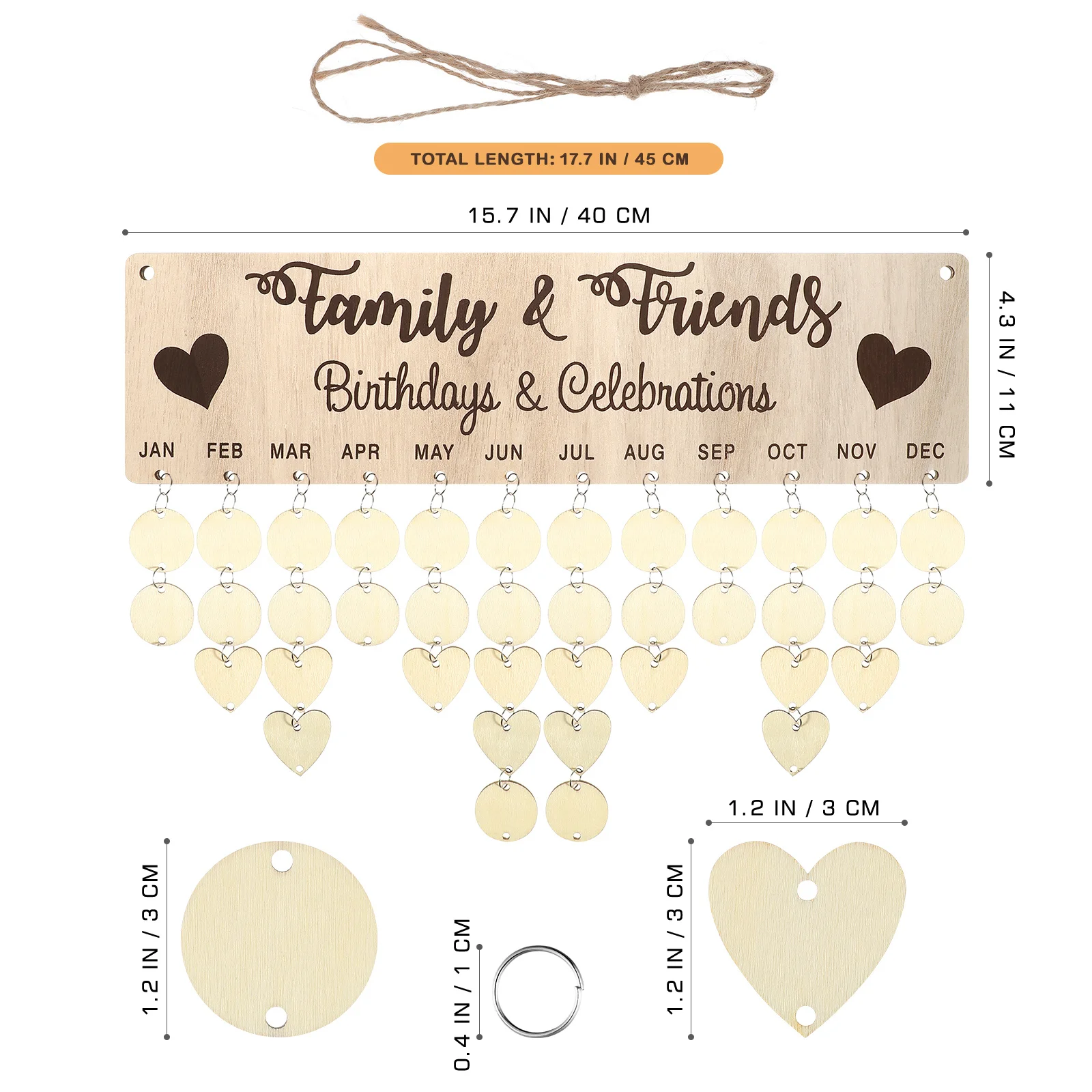 1 conjunto de calendário de suspensão de madeira, placa de lembrete diy com 50 pingentes redondos de 50 coração, decoração de casa, planejador de aniversário de madeira, suspensão de parede