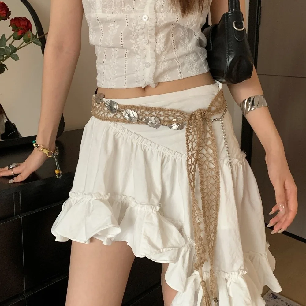 العرقية نمط البوهيمي نمط حزام رقيقة التعادل القطن والكتان حزام منسوج شرابة طويلة الفضة يترك الخصر سلسلة الفتيات حار