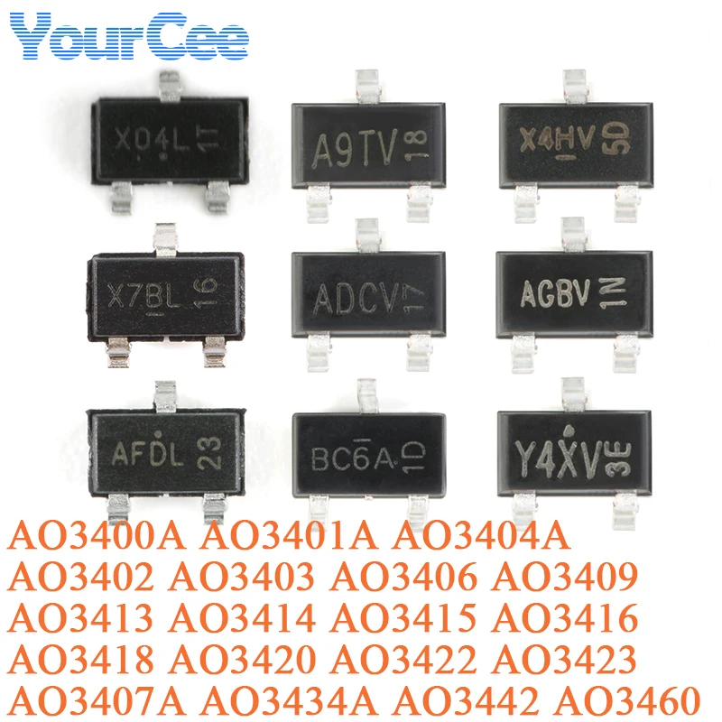 20pcs AO3400A AO3400 Transistor N P Channel MOSFET 30V 5.7A SMD SOT-23 AO3401A AO3402 AO3403 AO3404A AO3406 AO3409 AO3413 AO3414