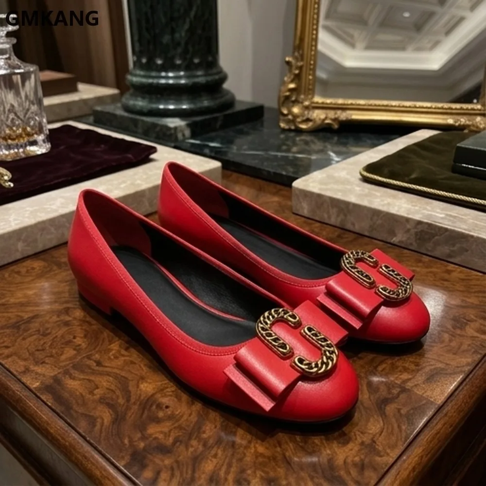 Women's Leather Ballerina Flats Gold Chain Link Buckle Shoes Comfortable Slip-On Loafers Soft Insole Dressy Casual