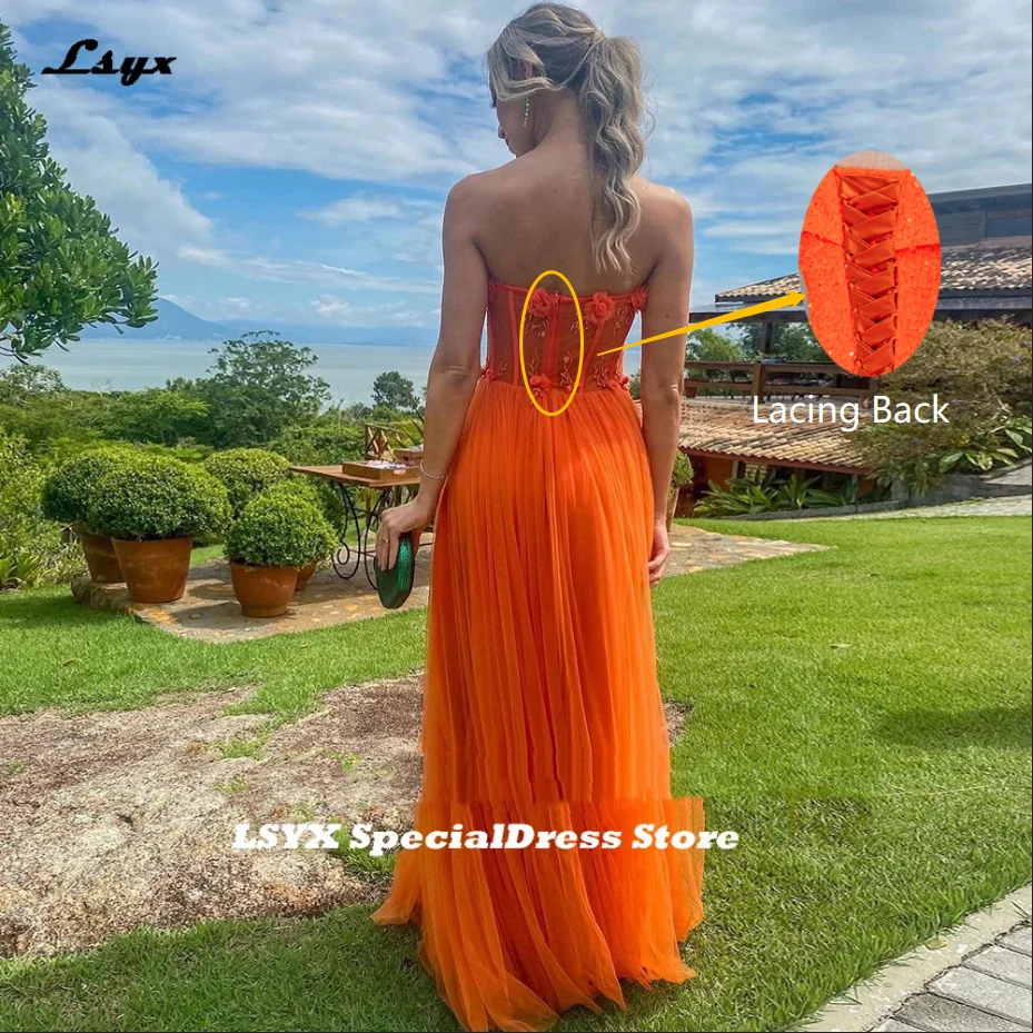 Lsyx-laranja árabe formal vestido de baile para mulheres, sexy vestido de baile sem alças, vestido artesanal de flores, vestido multicamadas