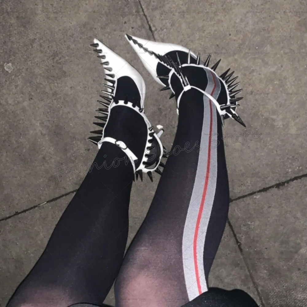 

White Rivets Decor Pointed Toe Sandals Matte Leather Women Shoes Thin High Heels Party Banquet Dating 2025 Zapatos Para Mujere