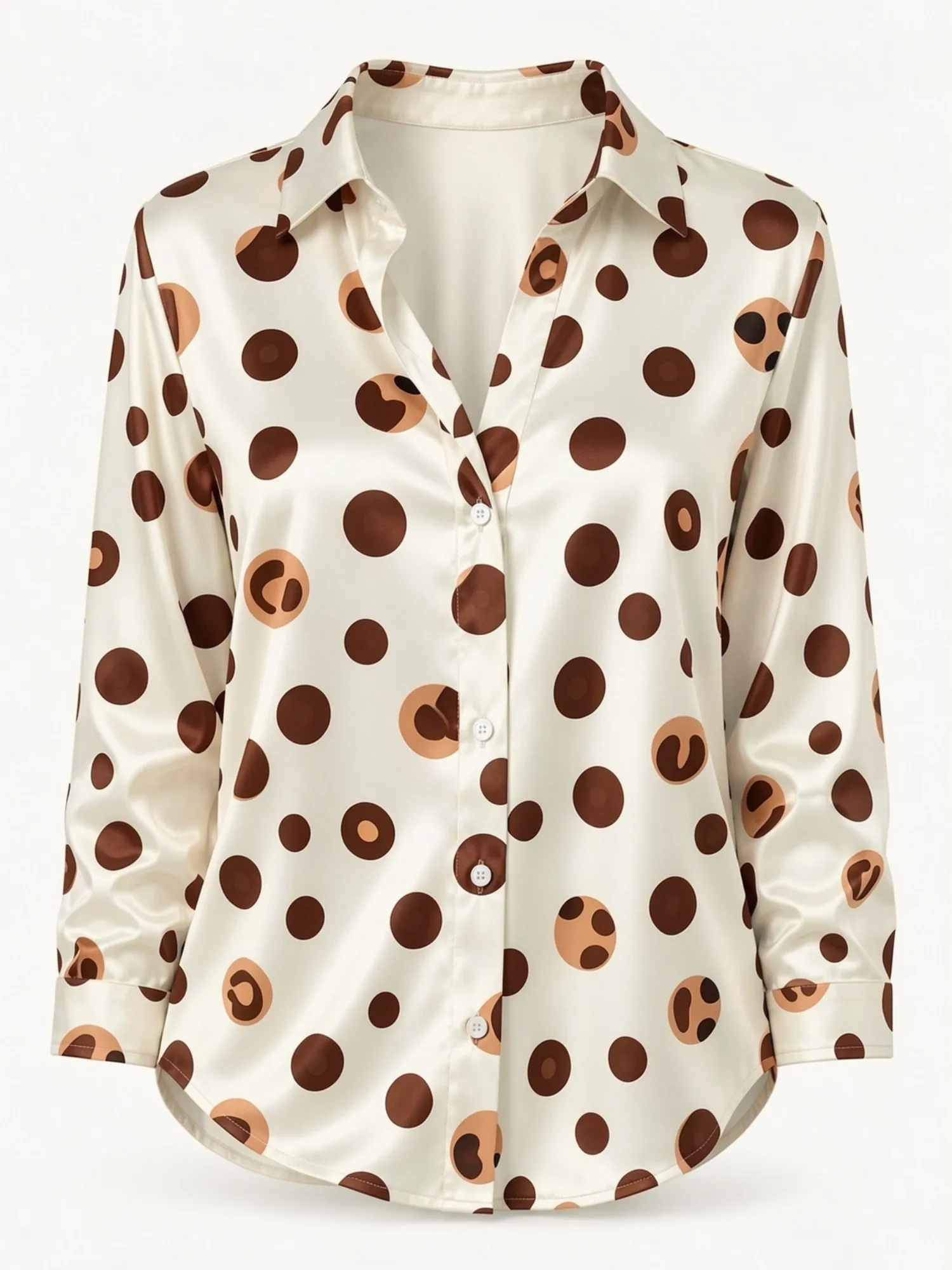 Cream Brown Dot Satin Blouse for Women Long Sleeve Button Down Shirt Boutique Shopping Office Cafe Casual Silky Elegant Top Look
