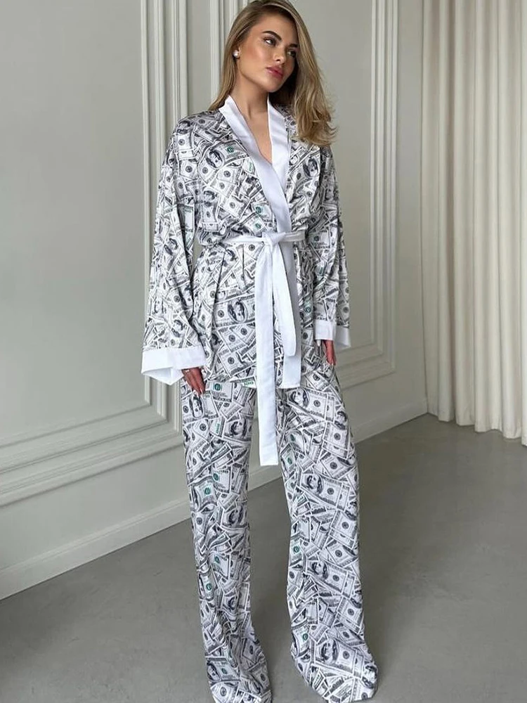 Hiloc Loose Women\'s Home Clothes 2 Piece Sets Print Long Sleeve Sleepwear Female Casual Trouser Suits 2024 Summer Homewear