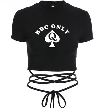 Rainha da pá bbc apenas verão feminino preto curto camisetas senhoras sexy colheita topos de manga curta bandagem camisetas femininas