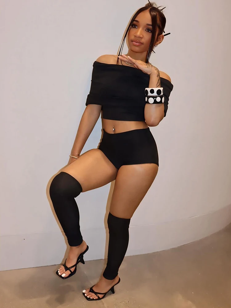 แปลก Puss ฤดูร้อน 2 ชิ้นชุดผู้หญิงแนวโน้ม Slash คอกลางแขนเสื้อ Crop Tops + กางเกงขาสั้น + เท้าการจับคู่ streetwear ชุด