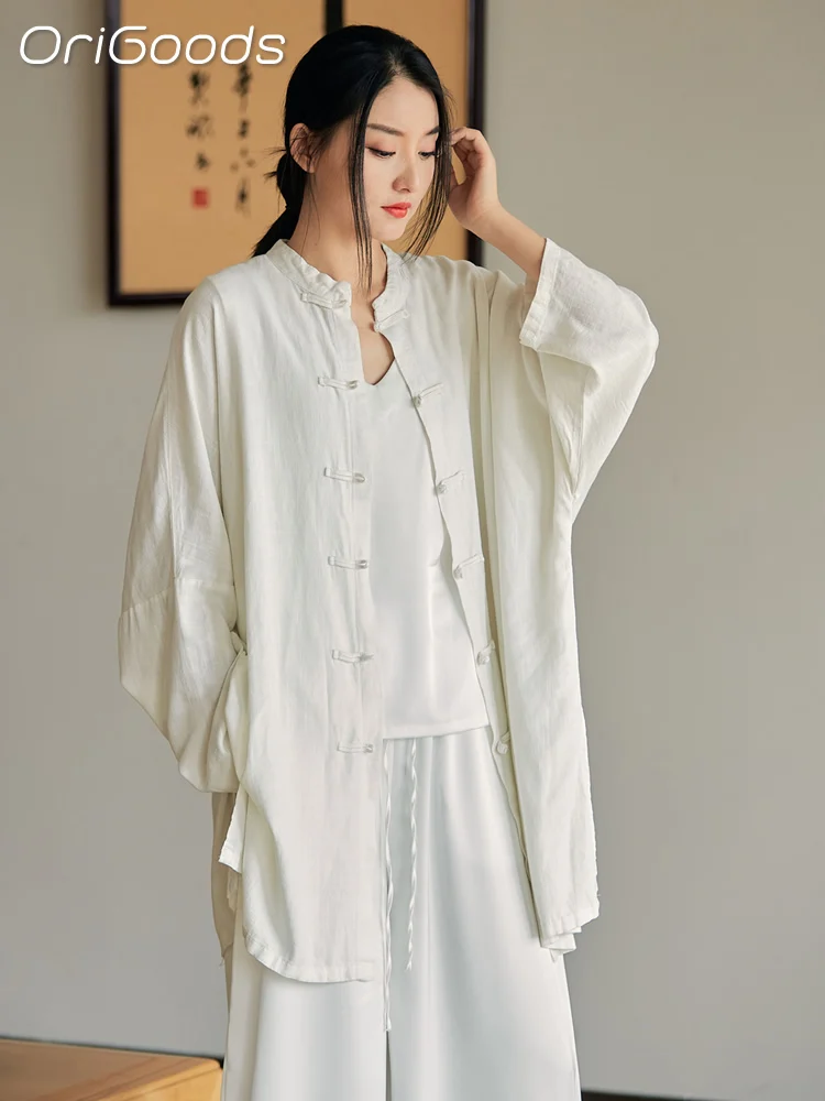 OriGoods Oversized Shirt Women Solid Red Black White Linen Shirts Oversized Chinese Japan Zen Style Long Shirt Blusas Tops B010