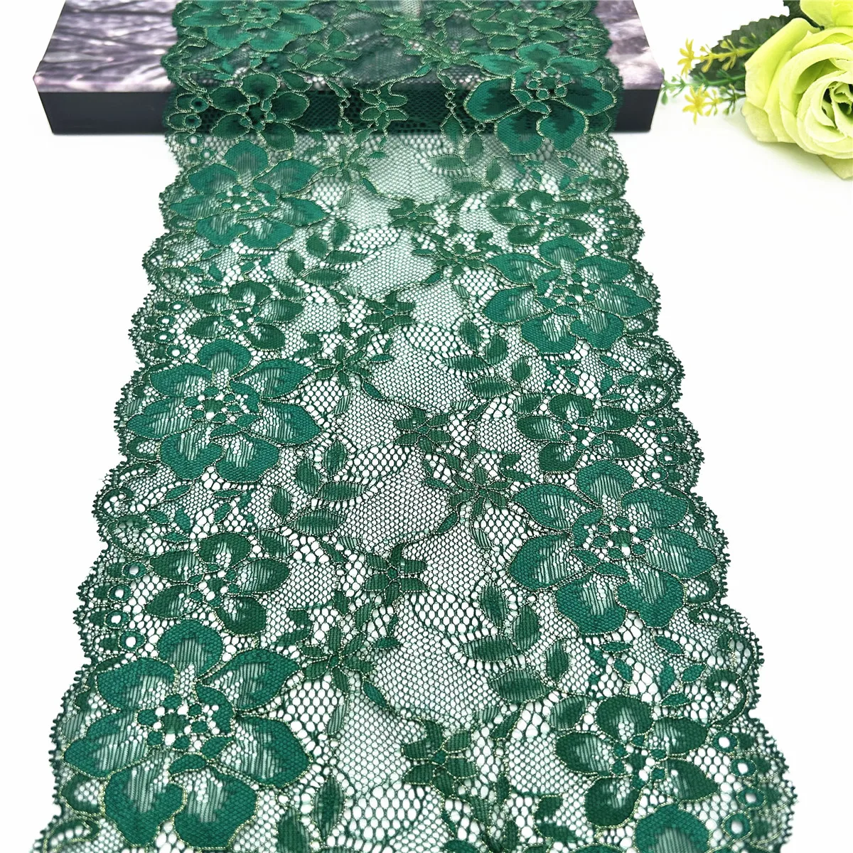 3y/lot Width 18.50cm Green Golden Elastic Stretch Lace Trim For Clothing Accessory Dress Sewing Applique Costume Lace Fabrics