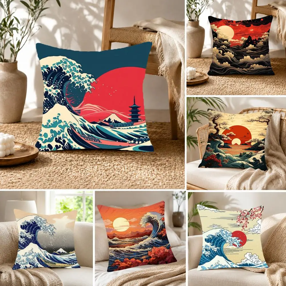 Dynamic Timeless J-Japanese Waves Cushion Cover Fluffy velvet Nordic style plush Living room sofa decorative