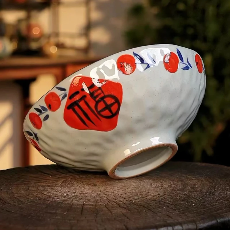 Wood-fired Quality Underglaze Color Interior and Exterior Hand-painted Chinese Word Fu 8 Inch Hand Pinch Hammer Marks Big Bowl