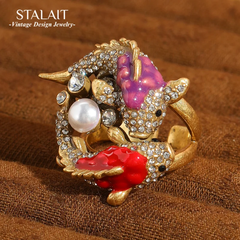 

Vintage Double Fish Pearl Rings Gold Color Red Rhinestone Cocktail Designer Jewelry Luxury Brands Woman Chinese Style 2025 New