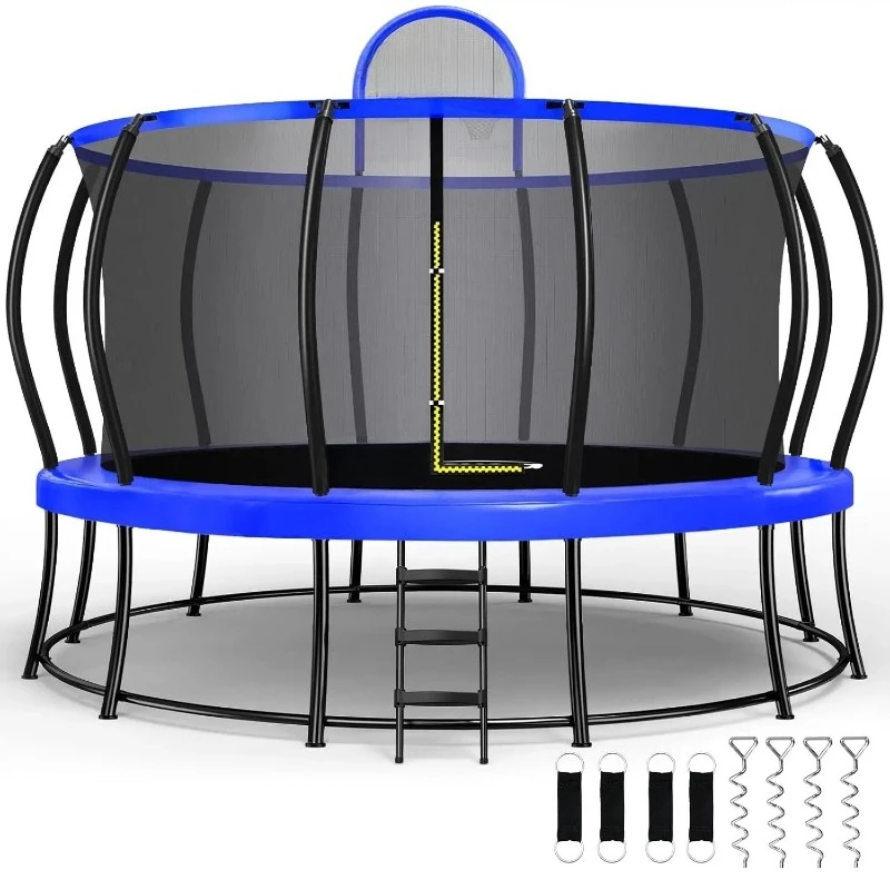 Double frame trampoline, seamless safety design, curved rod