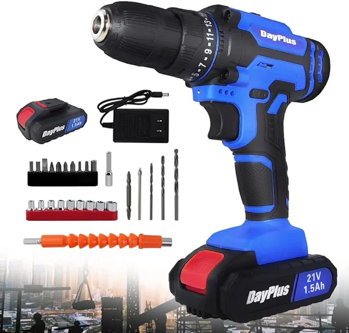 

21V Electric Drill Driver, Kit with 1 Battery and Charger, 26 Drill/Screwdriver Bits, DIY Home Use