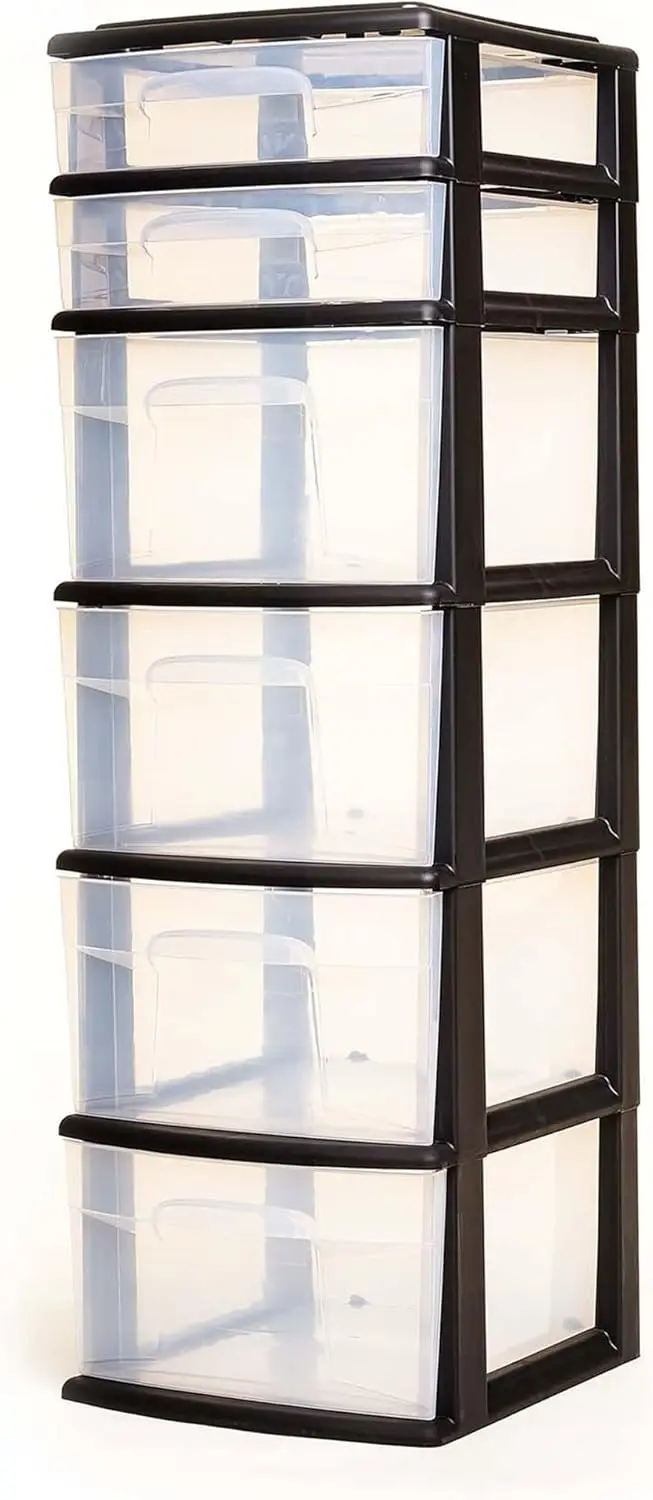 Medium Stationary 6-Drawer Plastic Home Office Bedroom & Closet Organizer Storage Drawers, Clear with Black Frame