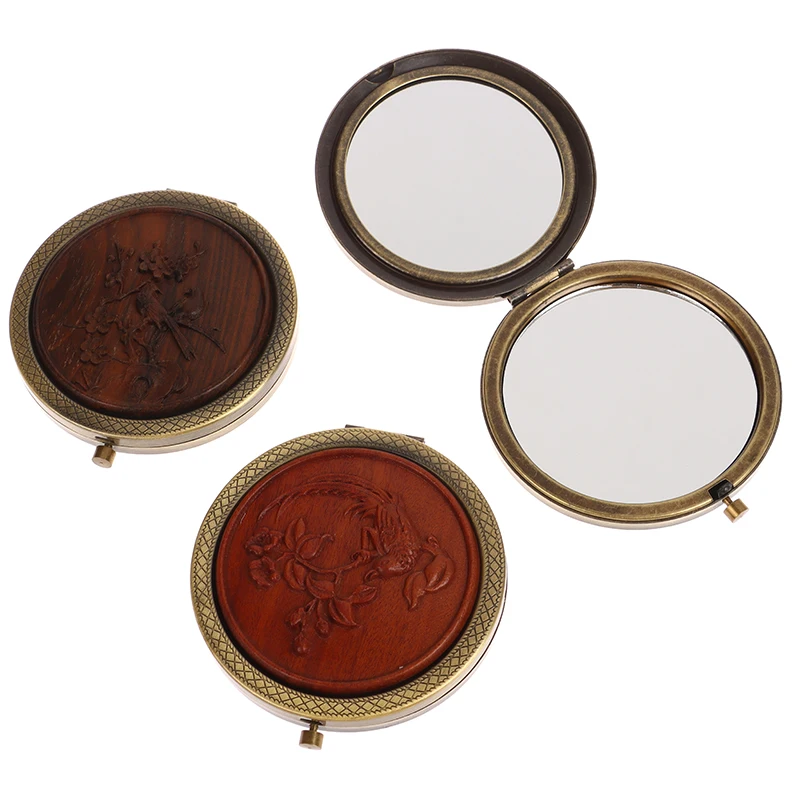 Wood Folding Pocket Mirror Vintage Flowers MakeupMirror Portable Magnifying Retro Compact Mirror Folded Pocket Mirror Women Gift