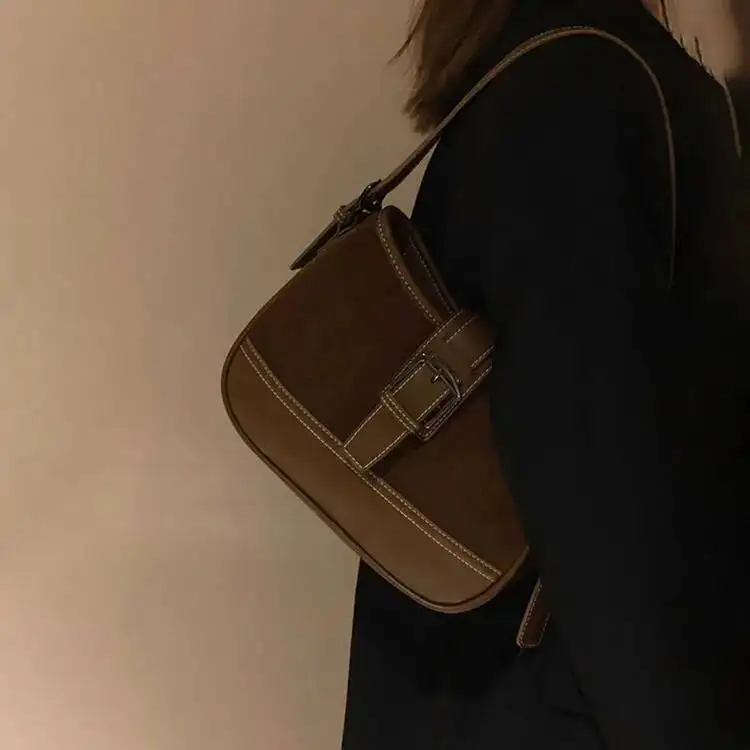 Bloom Vintage Brown Shoulder Bag Women New Autumn Patchwork Chic Leather Casual Crossbody Bags Female Retro Versatile Handbag